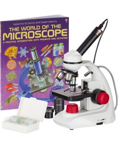 AmScope 40X-1000X Dual LED Solid-Metal Portable Compound Microscope with Red Accents, Camera, Slides + Book